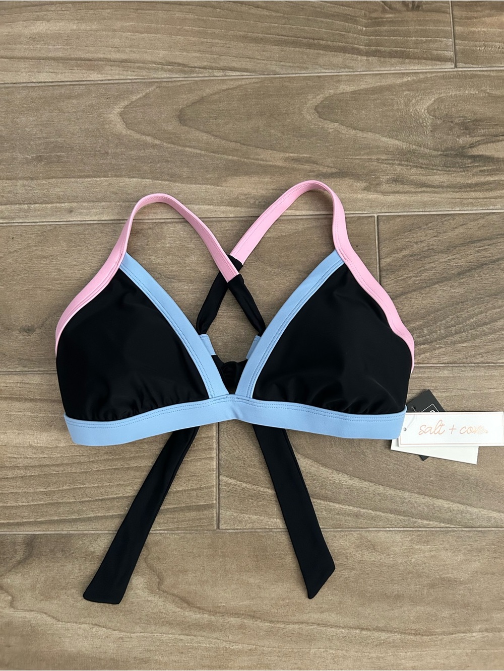 Salt + Cove Black Triangle Bikini Top with Pink & Light Blue Trim - Picture 2 of 4